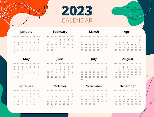 Modelo de calendário anual de 2023 desenhado à mão