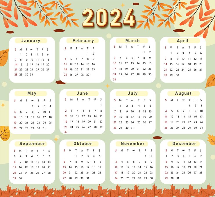 Vetor modelo de calendário anual de desenho manual vetorial de 2024