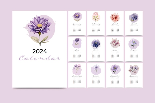 Vetor modelo de calendário anual em aquarela de ano novo de 2024