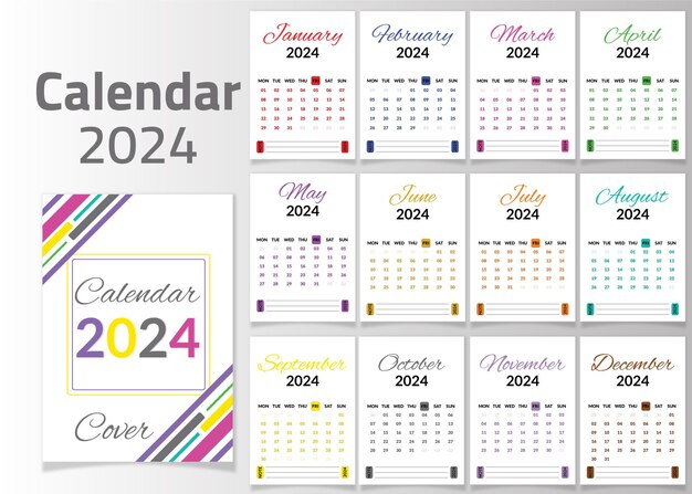 Modelo de calendário anual vetor modelo de calendário colorido ano novo de 2024