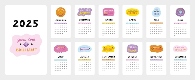 Modelo de calendário bonito para o ano 2025 com letras inspiradoras em bolhas