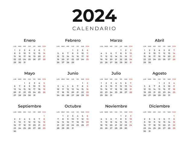 Vetor modelo de calendário branco 2024 em espanhol