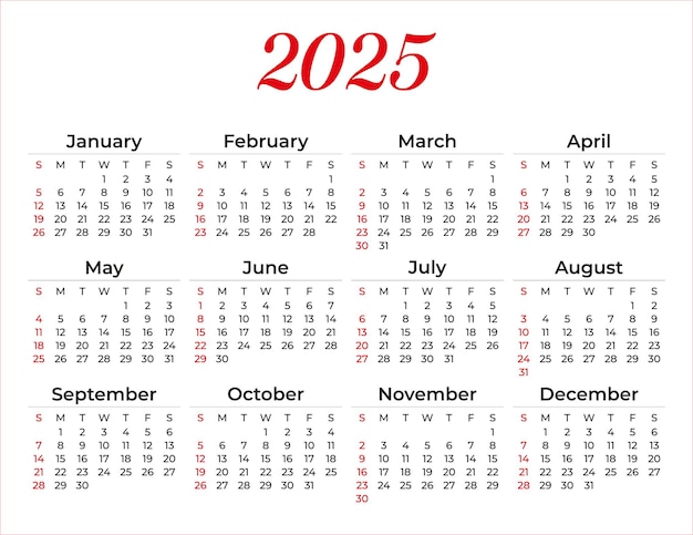 Modelo de calendário clássico simples para o ano novo de 2025 planeje e organize o design vetorial