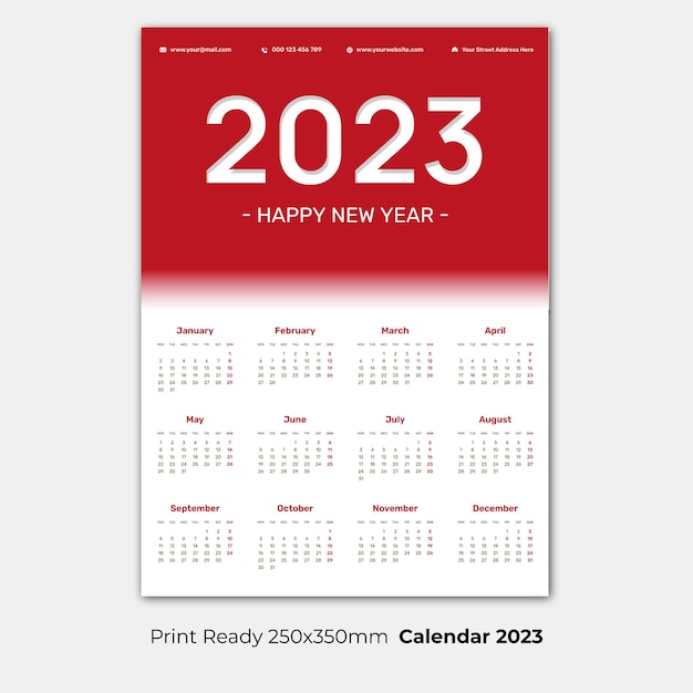 Modelo de calendário de 1 página de ano novo de 2023