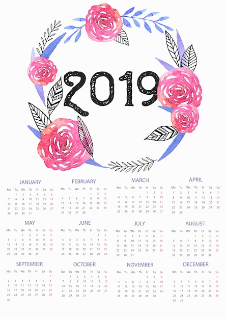 Modelo de calendário de 2019 com coroa de flores em aquarela