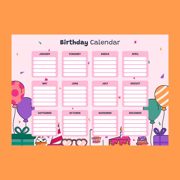 Vetor modelo de calendário de aniversário desenhado a mão