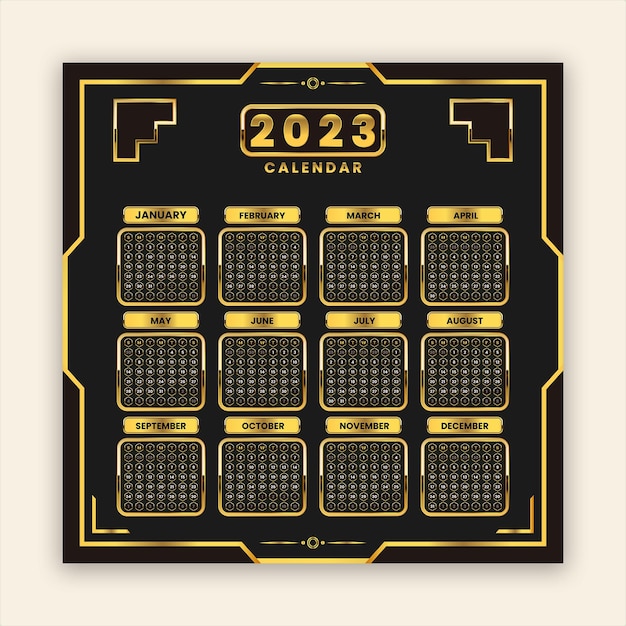 Modelo de calendário de ano novo de 2023 dourado