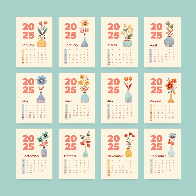 Modelo de calendário de aquarela 2025
