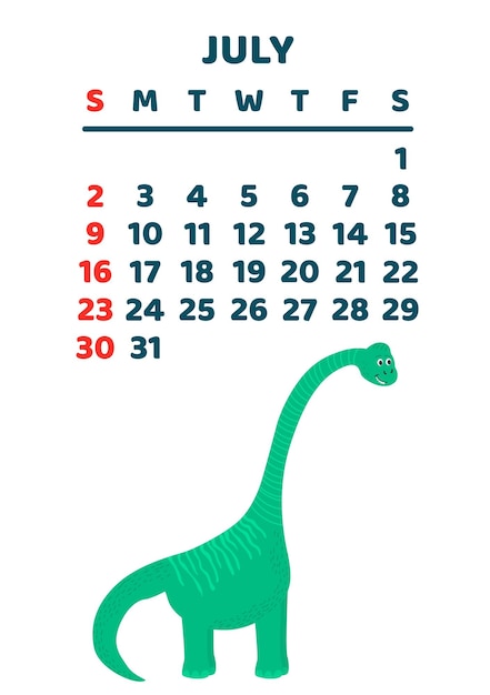 Modelo de calendário de dinossauro fofo para série infantil julho