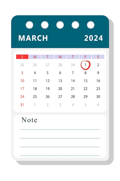 Modelo de calendário de março de 2024 Desenho vetorial