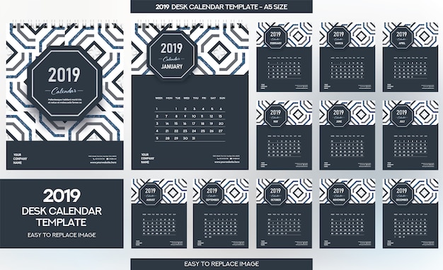 Modelo de calendário de mesa de mármore 2019