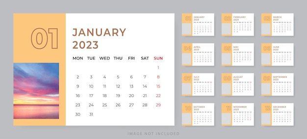Modelo de calendário de mesa mensal para 2023 anos a semana começa na segunda-feira