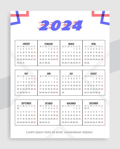 Vetor modelo de calendário de parede 2024
