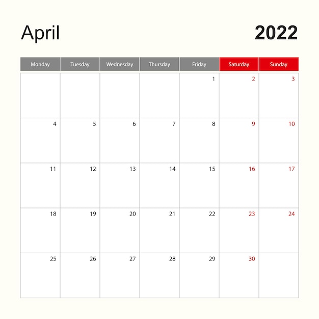 Modelo de calendário de parede para abril de 2022. planejador de feriados e eventos, semana começa na segunda-feira.