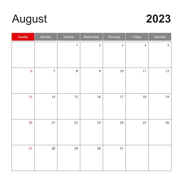 Vetor modelo de calendário de parede para agosto de 2023 a semana do planejador de feriados e eventos começa no domingo