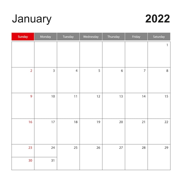 Modelo de calendário de parede para janeiro de 2022. feriado e planejador de eventos, semana começa no domingo.