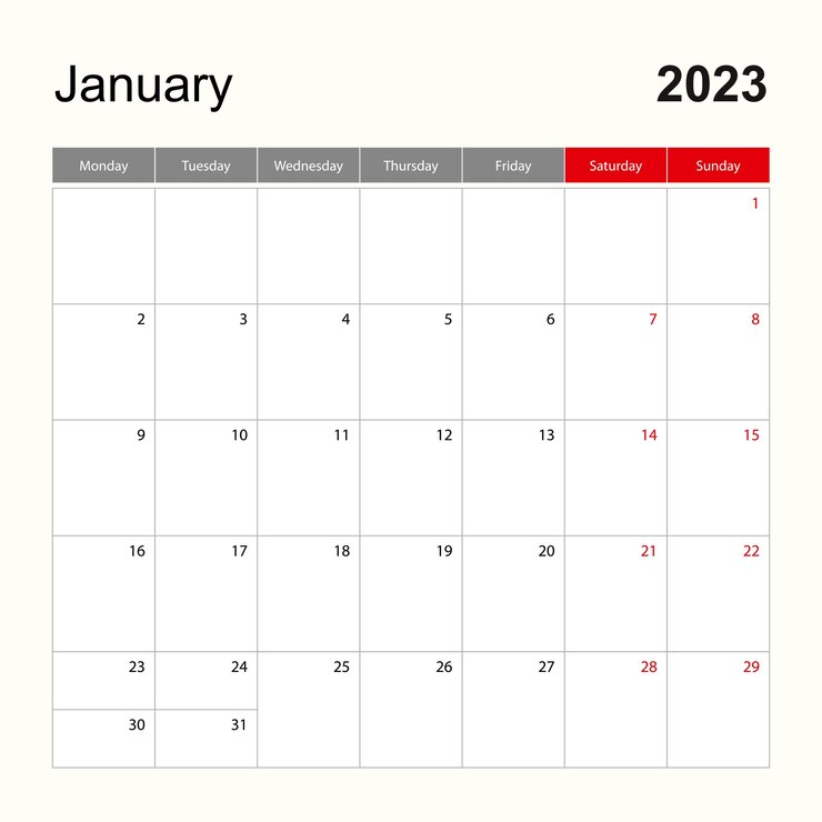 Vetor modelo de calendário de parede para janeiro de 2023, a semana do planejador de feriados e eventos começa na segunda-feira