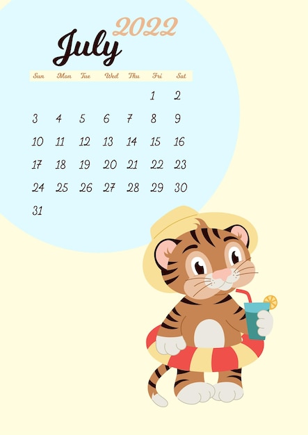 Modelo de calendário de parede para julho de 2022. ano do tigre