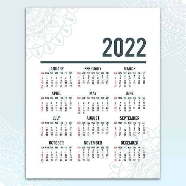 Modelo de calendário de parede simples 2022