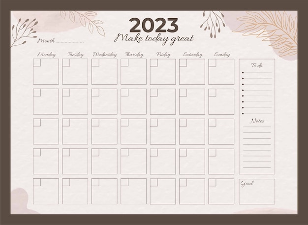 Modelo de calendário de planejador mensal de 2023 desenhado à mão