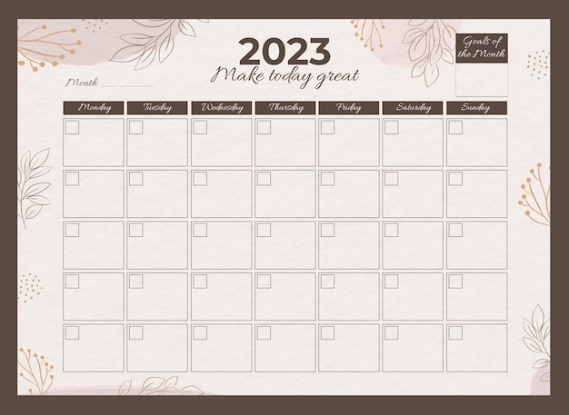 Modelo de calendário de planejador mensal de 2023 desenhado à mão
