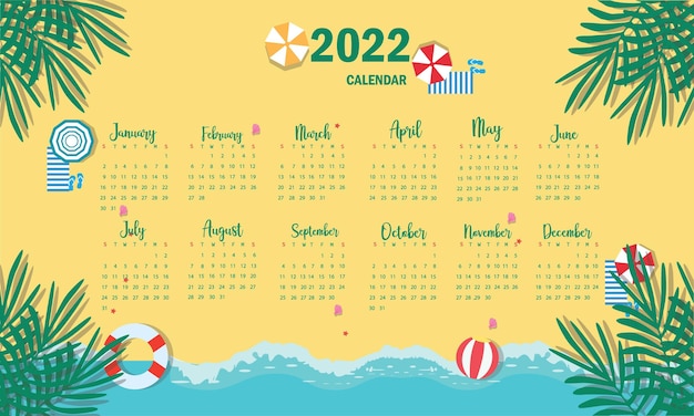 Modelo de calendário de praia para 2022