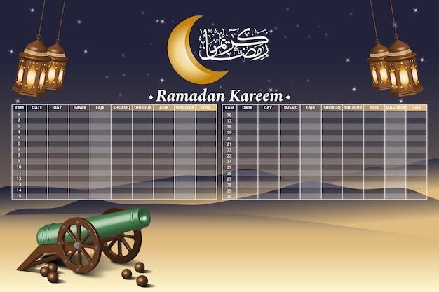 Modelo de calendário do Ramadã com lanterna e canhão