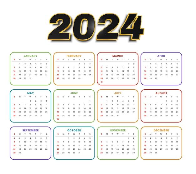 Vetor modelo de calendário em inglês de 2024 com cores vetoriais gratuitas