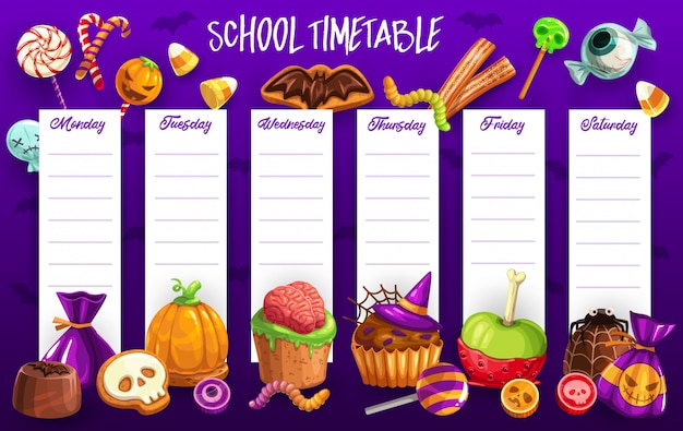 Modelo de calendário escolar com doces de halloween