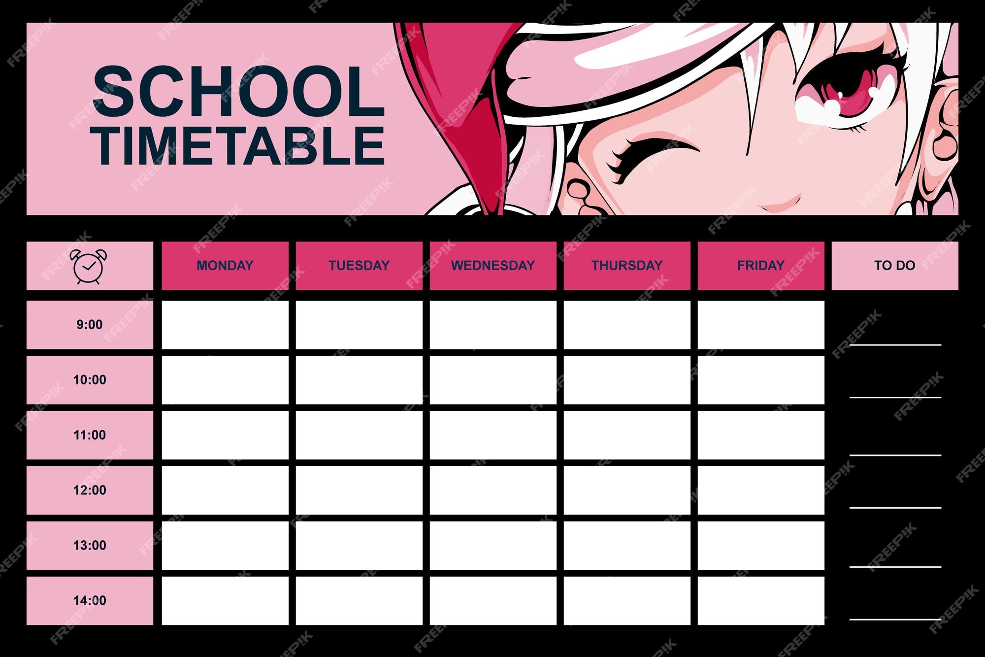 Modelo de calendário escolar de anime