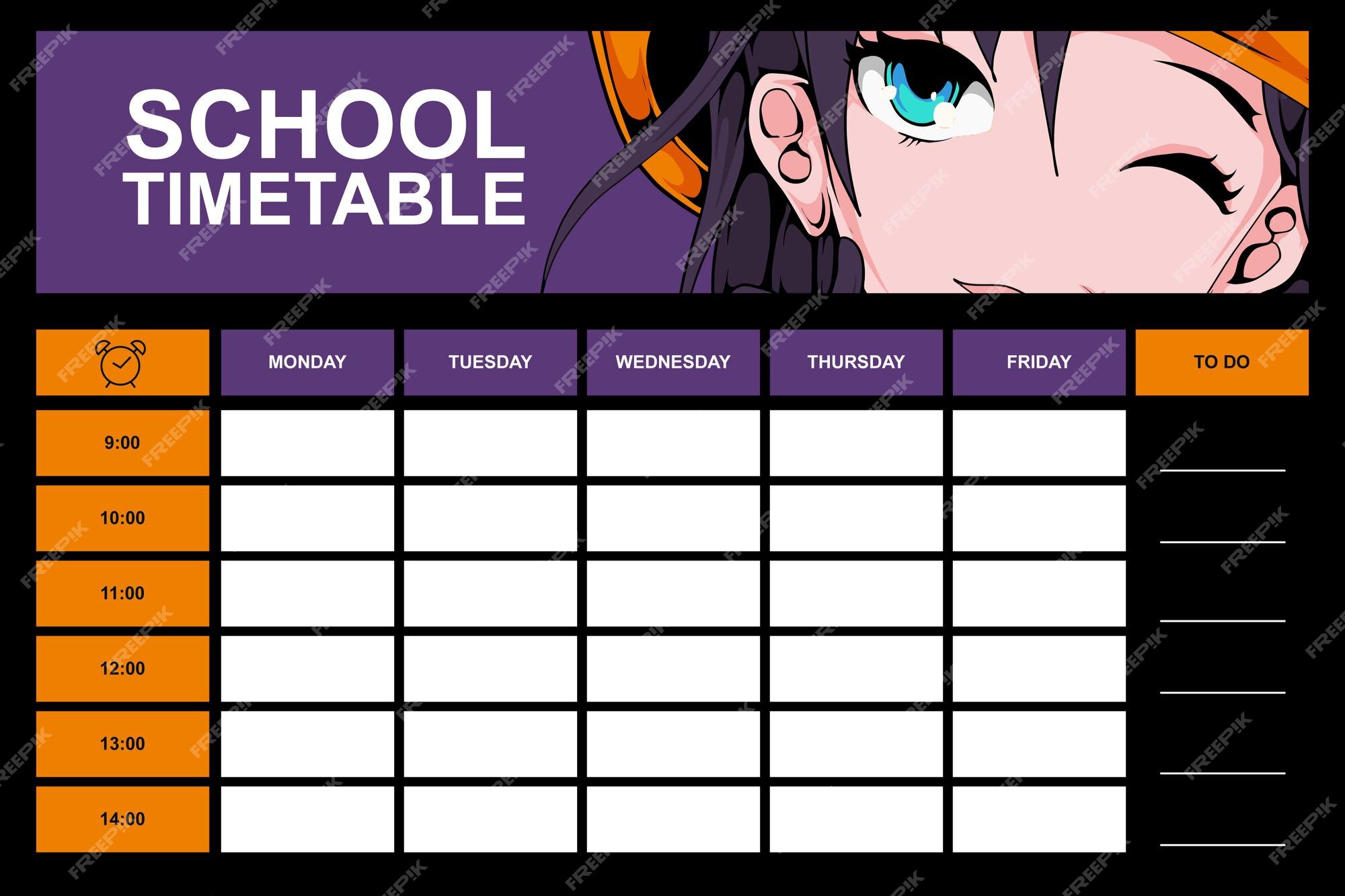 Modelo de calendário escolar de anime