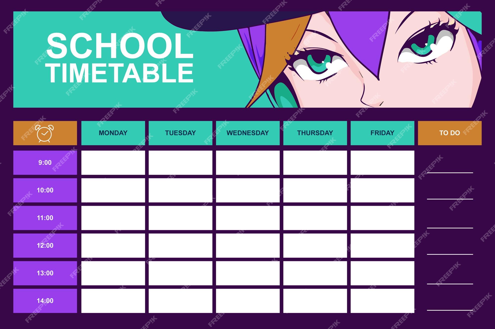 Modelo de calendário escolar de anime