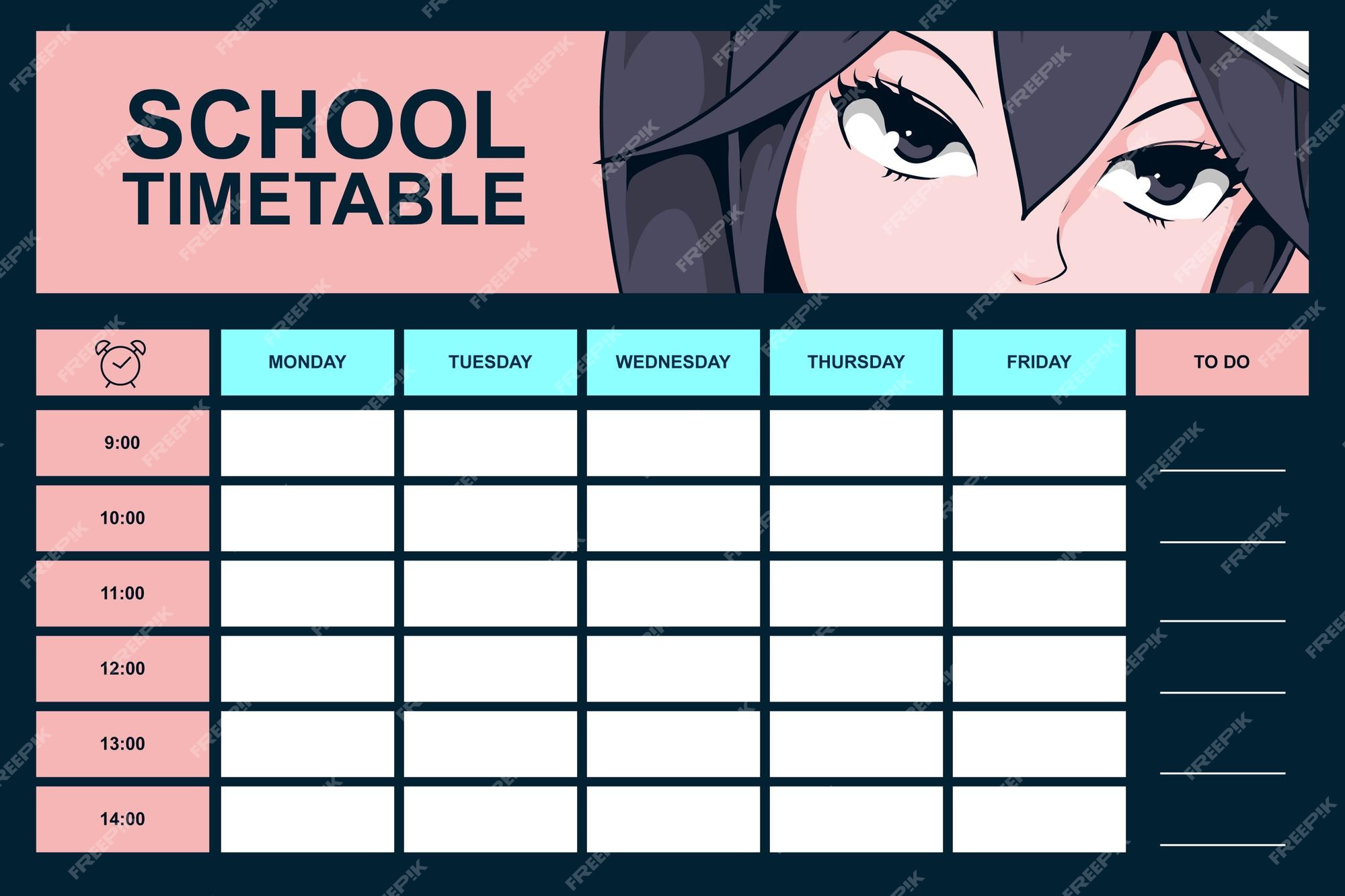 Modelo de calendário escolar de anime