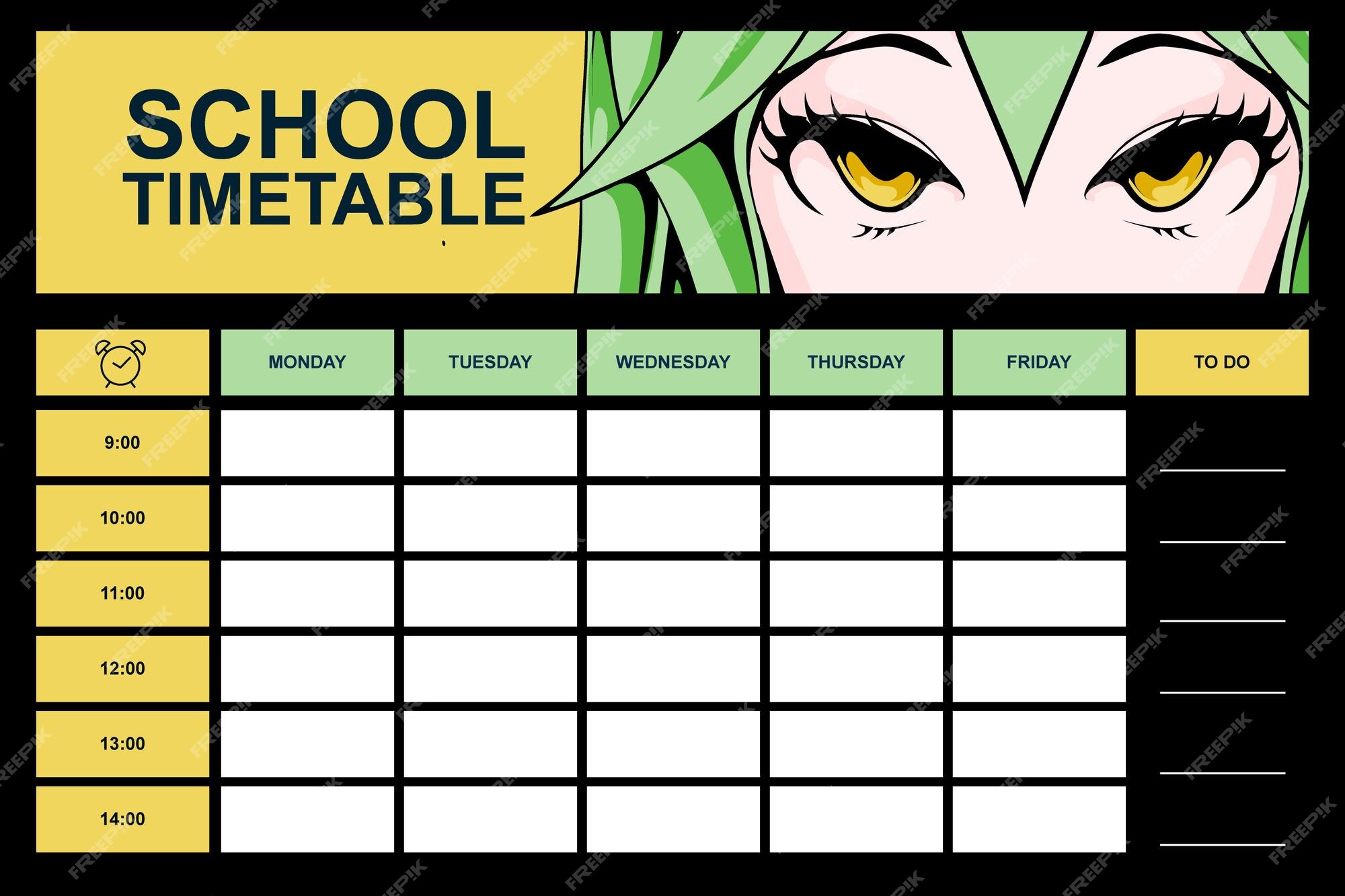 Modelo de calendário escolar de anime