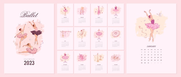 Vetor modelo de calendário ilustrado 2023 com elementos de escola de balé desenhados à mão