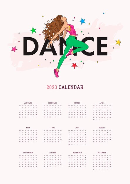 Modelo de calendário ilustrado 2023 com mulher dançando desenhada à mão