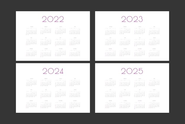 Vetor modelo de calendário individual de 2022 2023 2024 2025 em estilo moderno minimalista a semana começa no domingo