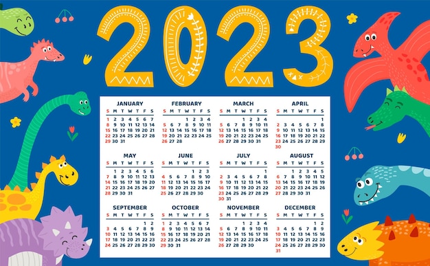 Modelo de calendário infantil para 2023 design horizontal brilhante com dinossauros abstratos em um estilo plano conjunto de ilustração vetorial editável de 12 meses com capa a semana começa no domingo