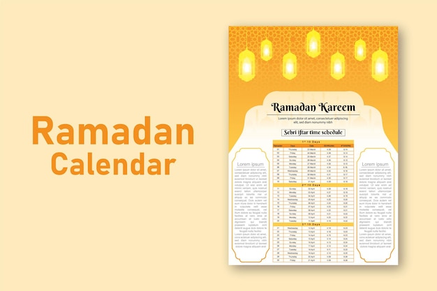 Vetor modelo de calendário islâmico ramadan kareem e calendário sehri ifter