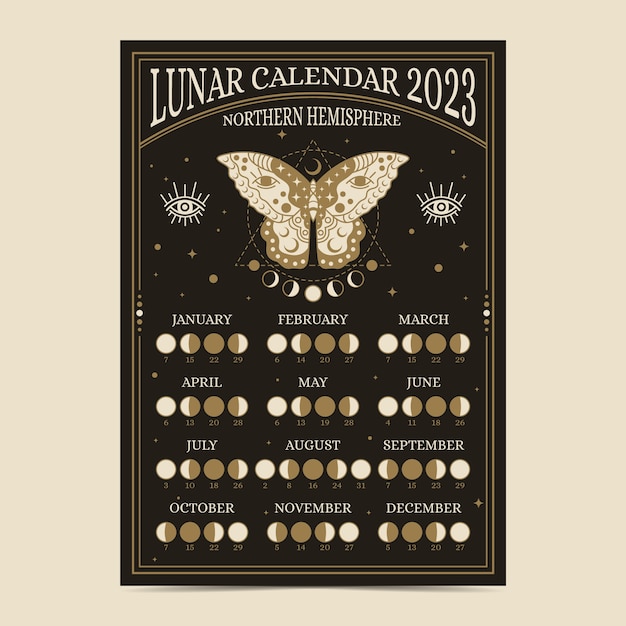 Vetor modelo de calendário lunar 2023 desenhado à mão