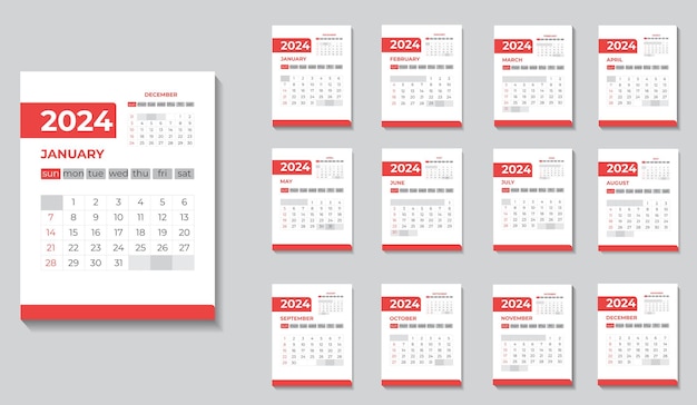 Vetor modelo de calendário mensal de impressão de 2024