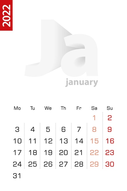 Modelo de calendário minimalista para janeiro de 2022, calendário vetorial em inglês