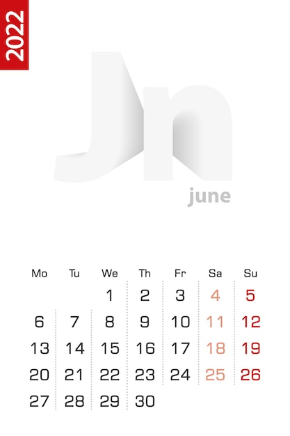 Vetor modelo de calendário minimalista para junho de 2022, calendário de vetor em inglês.
