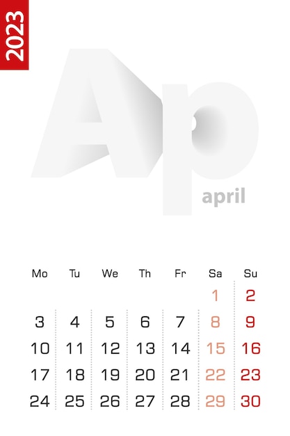 Vetor modelo de calendário minimalista para o calendário vetorial de abril de 2023 em inglês