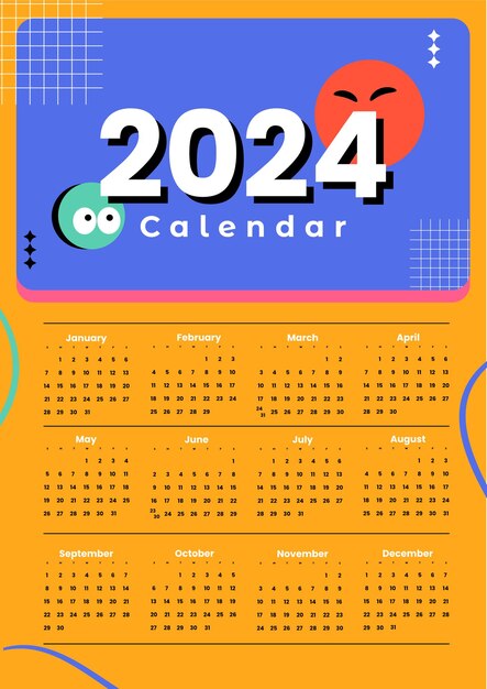 Vetor modelo de calendário moderno para 2024 cores pop contemporâneas