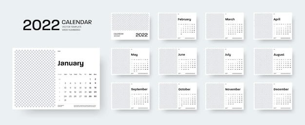 Modelo de calendário para 2022 com lugar para uma foto, planejador horizontal em um estilo empresarial minimalista, com semanas numeradas, sobre um fundo branco. ilustração vetorial da capa, para cada mês.