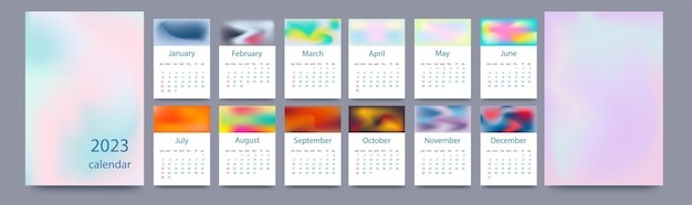 Modelo de calendário para 2023 design vertical com gradientes modelo de página editável com ilustrações a4 conjunto de 12 meses com capas vetor grátis