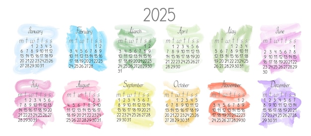 Vetor modelo de calendário para o ano 2025 em estilo minimalista simples doze meses semana começa na segunda-feira