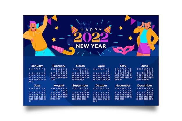Modelo de calendário plano 2022 desenhado à mão