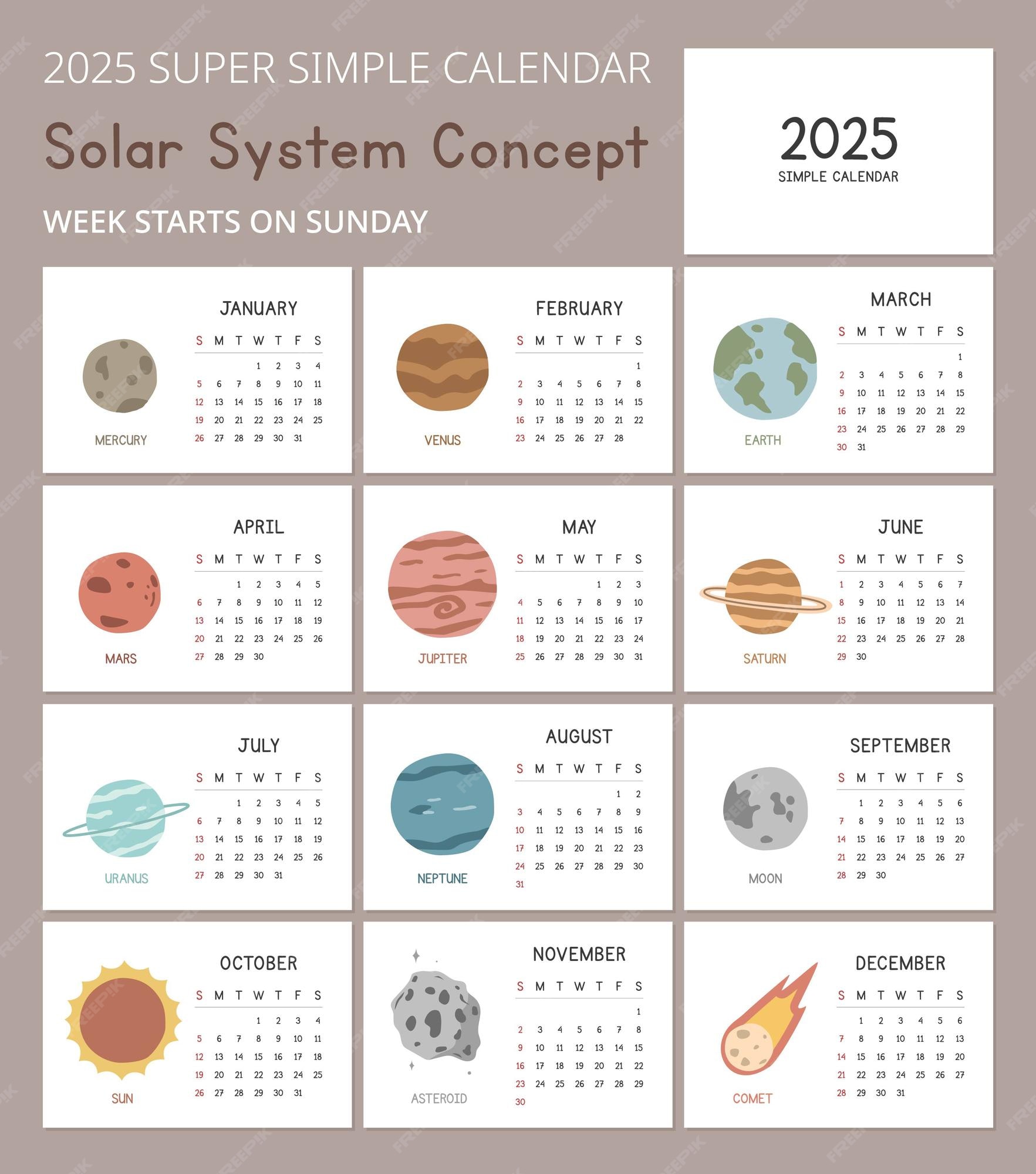 Modelo de calendário simples de 2025 com ilustrações do conceito do
